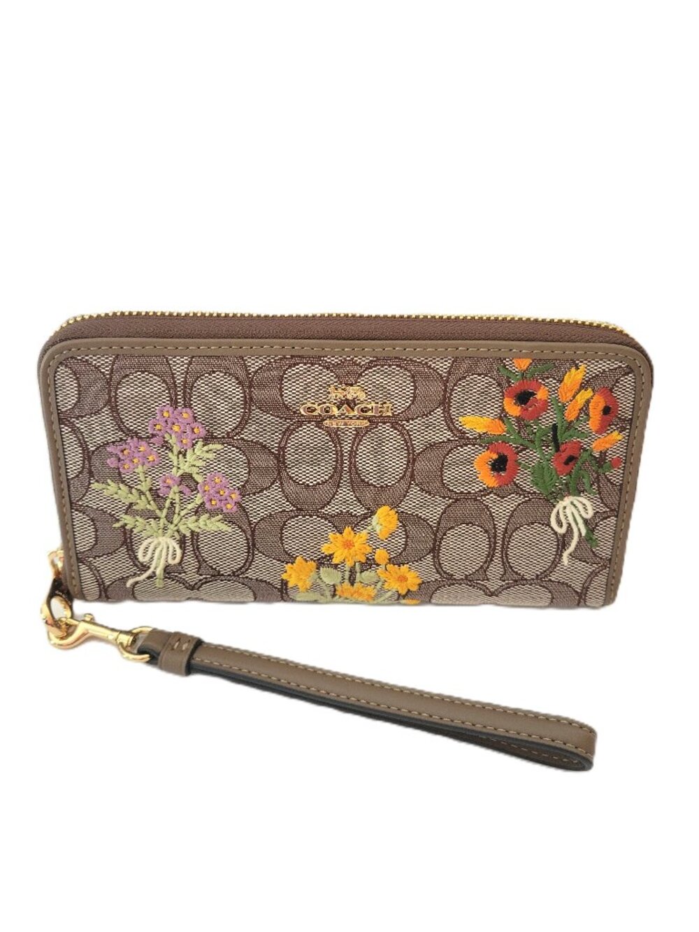 Coach CEC23 Long Zip Around Wallet Signature Jacquard Floral Wristlet Oak Multi